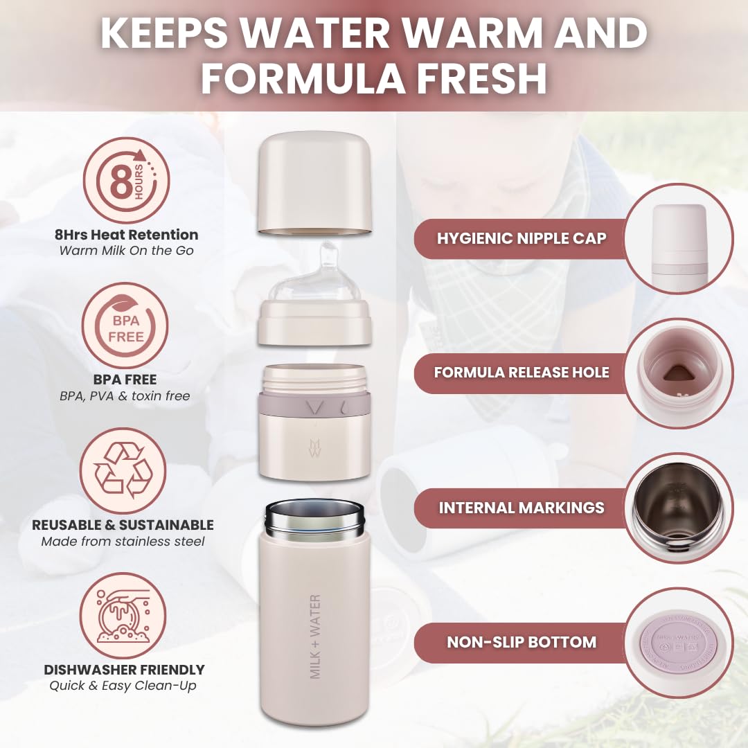 MILK & WATER All in One Baby Bottle & Baby Formula Dispenser On the Go, 5oz - Keeps Water Warm & Formula Fresh - Baby Formula Mixing Bottle with Anti Colic Nipple - Leak-Proof - 3+ Months (Pink)