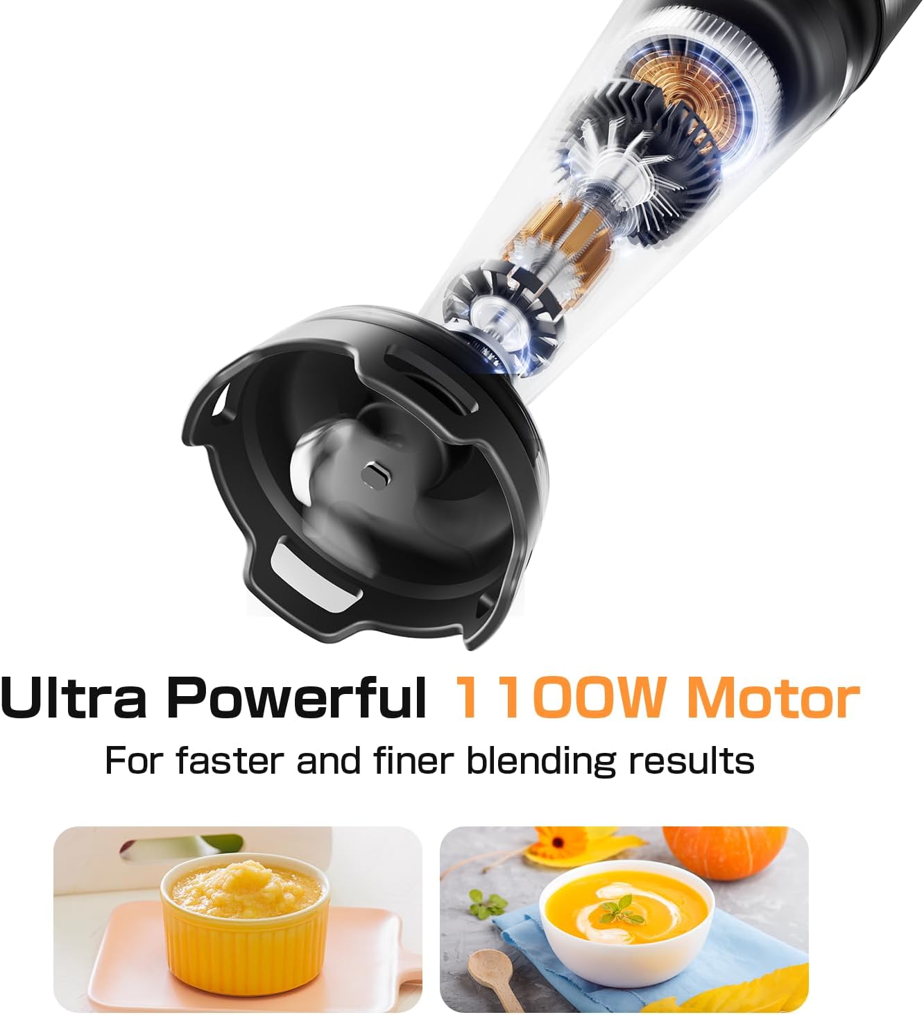 Turelar Immersion Blender Handheld Corded Hand Blenders Set 1100W, Trigger Variable Speed 5 in 1 Stick Emulsifier with Chopper, Whisk and Frother for Soup, Baby Food and Smoothies, Orange