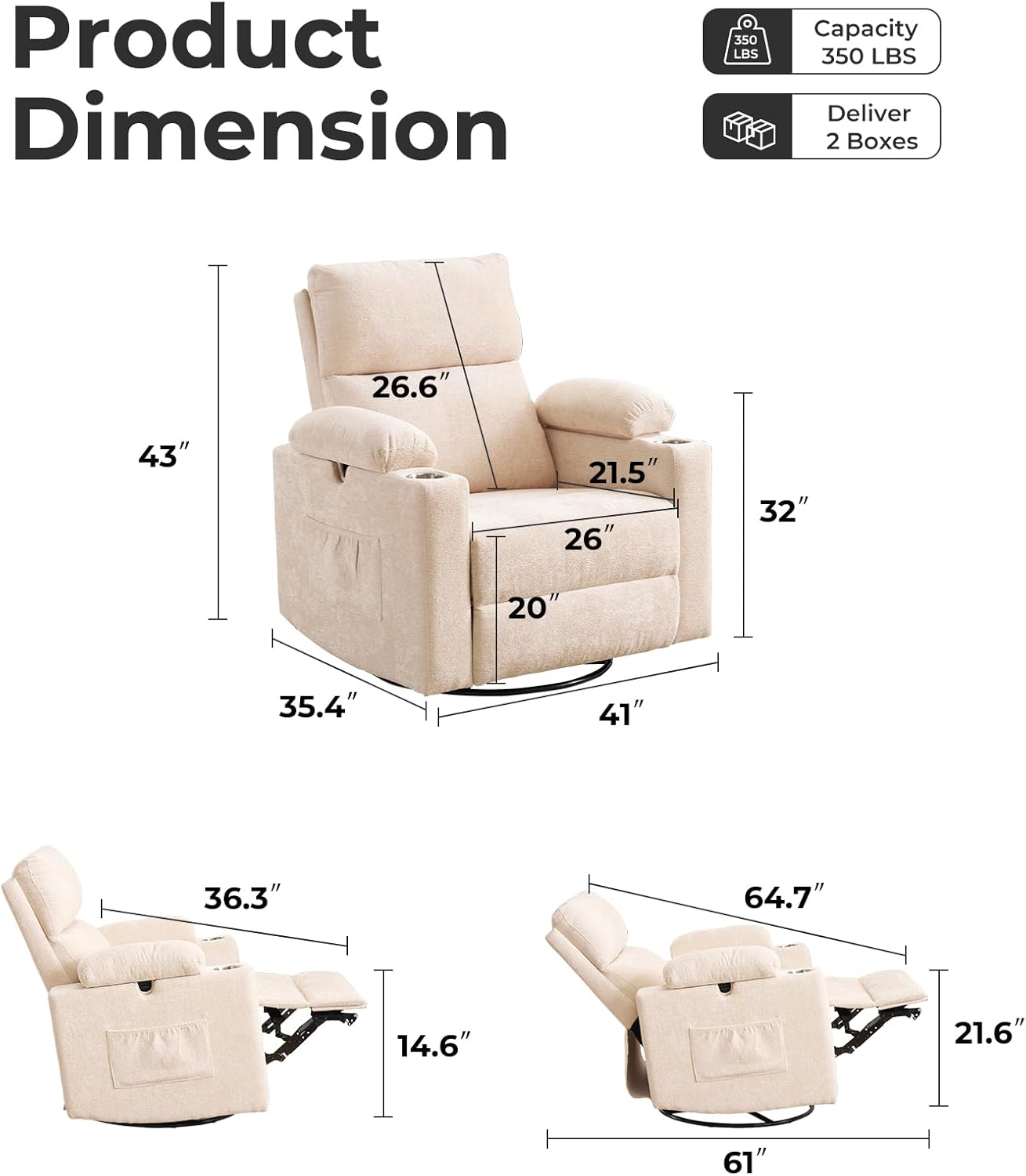 Rocking Chair Nursery with Adjustable Armrests, Electric Glider Recliner Nursing Chair for Breastfeeding, Power Swivel Recliner Chairs with Massage and Heat, Adjustable Headrest , FSC Certified, White