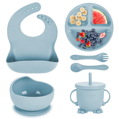 Silicone Feeding Set|Baby Led Weaning Supplies|Suction Plate Bowl Set with Bib, Spoon, Fork, Sippy Cup|Feeding Eating Supplies BPA Free
