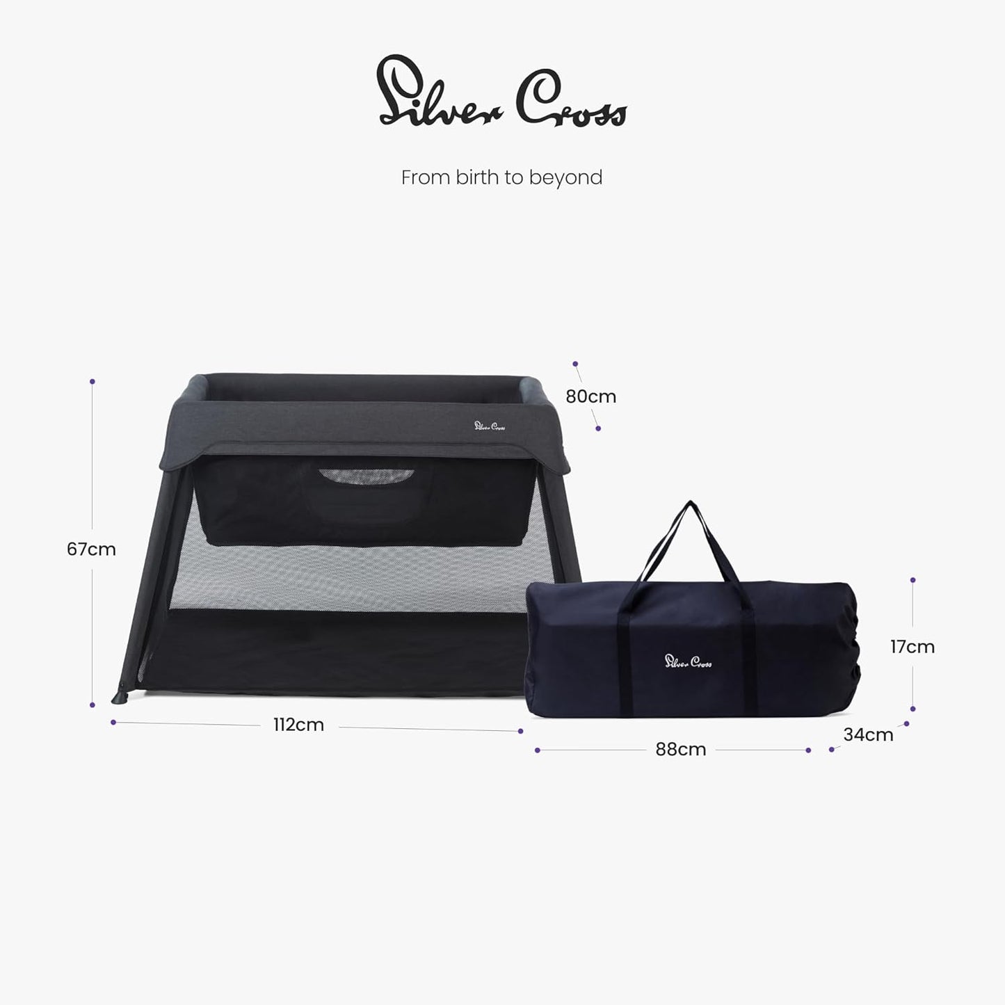 Silver Cross Sleep & Go 3 in 1 Travel Crib - Converts Newborn Bassinet, Crib to Playard - Portable, Lightweight, Easy to Pack with Comfortable Mattress for Infants to Toddlers - Carbon (Sustainable)