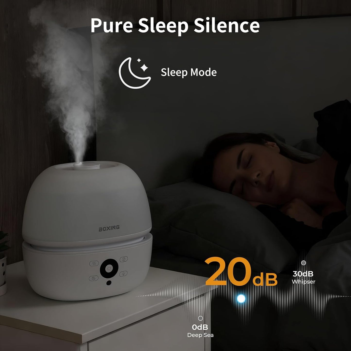 BOXING 3L Cool Mist Humidifier, Ultra Quiet 20dB for Bedroom, Baby & Office, Top Fill Air Humidifier for Home Office & Indoor Plants, 30H Runtime, Essential Oil Tray, Night Light, BPA-Free, White
