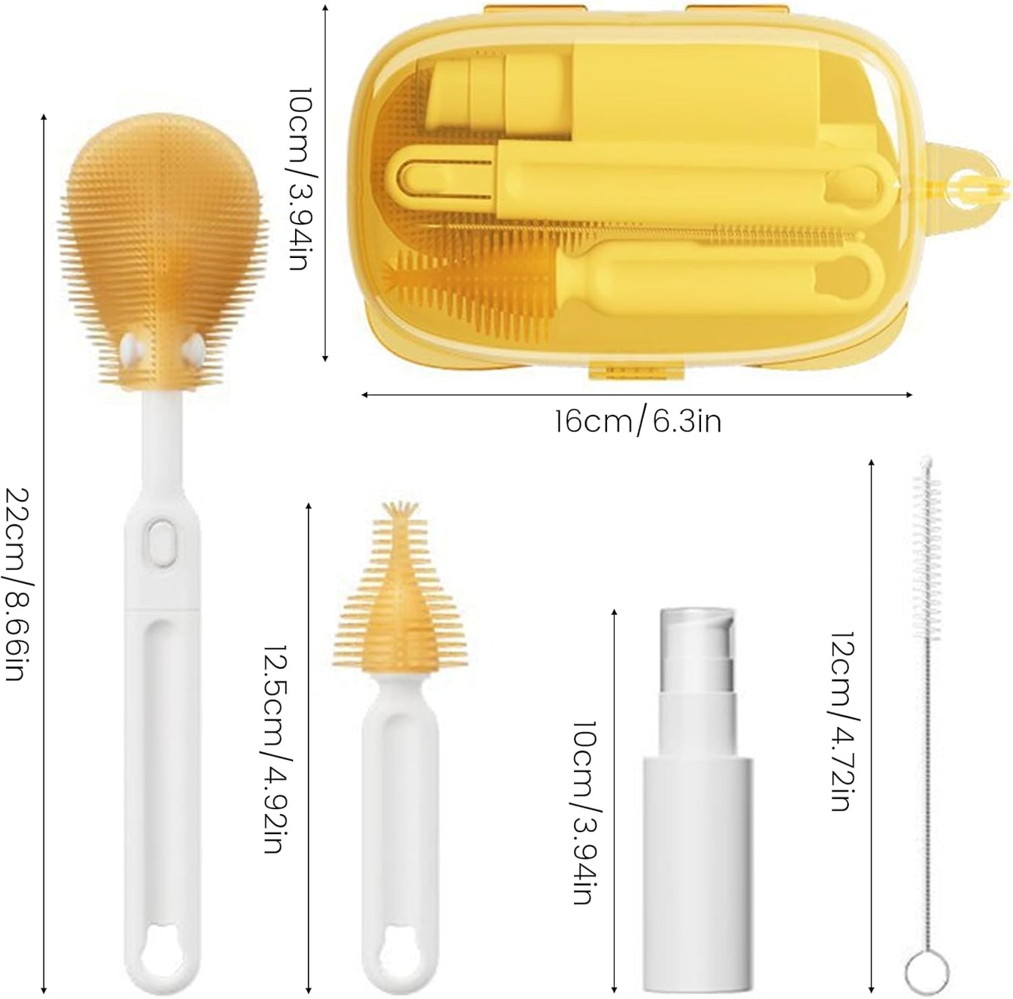 6-in-1 Baby Bottle Brush with 3 Brushes Drying Rack and Travel Bottle, Baby Bottle Brush Cleaner Set Food-Grade Silicone