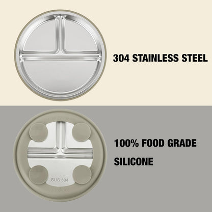 PandaEar 3 Pack Stainless Steel Baby Suction Plates, Divided Toddler Plate for Baby Led Weaning Supplies, Non-Slip Toddler Baby Feeding Set Dishwasher Safe (Pink/Linen/Light Pink)