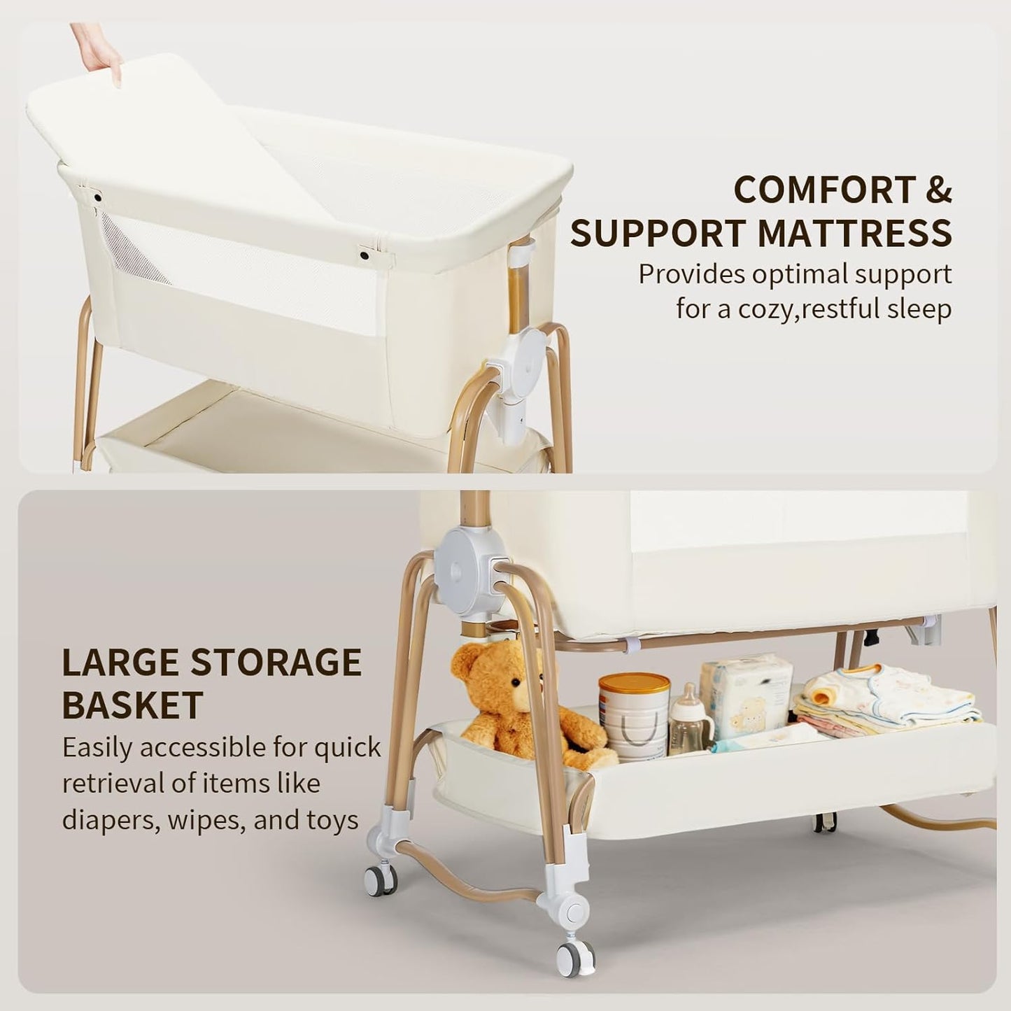 suihuooo 4-in-1 Baby Bassinet, Portable Bassinet Bedside Sleeper with Wheels and Storage Basket, 7 Height Adjustable Breathable Mesh Rocking Bassinet with Mosquito Net for Newborn-White