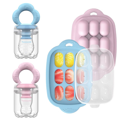 Baby Fruit Food Feeder Breastmilk Popsicle Molds with Freezer Tray, Tenmonth Silicone Baby Feeder for Safe Infant Self Feeding 2 Pack, BPA Free