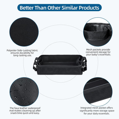 Stroller Snack Tray Compatible with Wonderfold Wagon - Upgraded with Extra Thick Base, Waterproof Faux Leather Sides & Side Mesh Pockets for Added Durability (W2 Series Thickened)