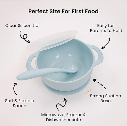 Lulyboo Silicone Baby Feeding Bowl with Handles, Lid & Spoon - Packable, Spill-Proof, Dishwasher Safe, Non-Slip Suction, for Toddlers 6+ Months (Ivory)