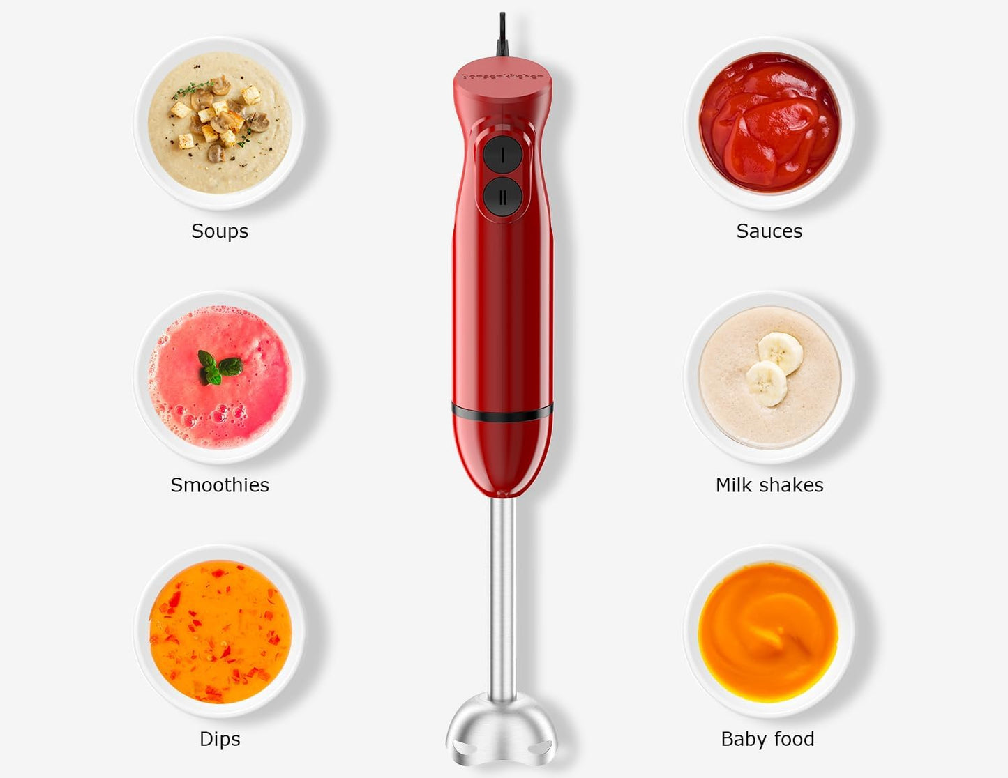 Bonsenkitchen Hand Blender, Immersion Blender with 2 Mixing Speed, Electric Handheld Mixer Portable Stick Mixer with Stainless Steel Blades for Soup, Smoothie, Puree, Baby Food
