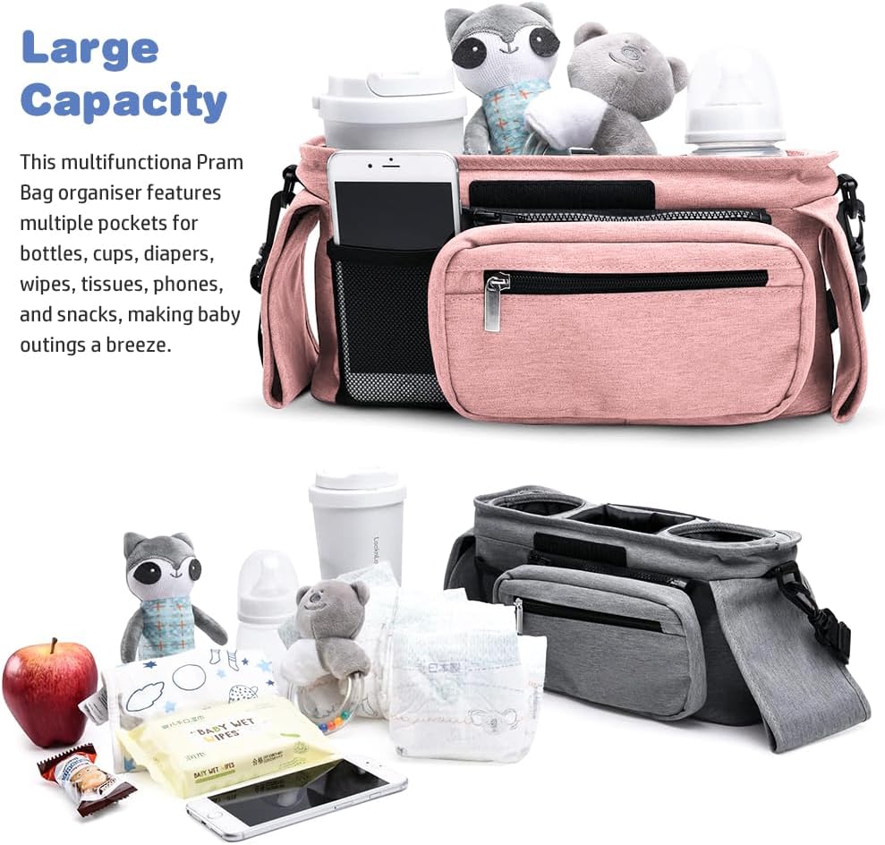 Baby Stroller Organizer, Universal Stroller Organizer with Detachable Phone Bag, Stroller Caddy with 2 Insulated Cup Holders, Buggy Organizer Bag with 2 Hooks Fits Most Strollers (Balck)