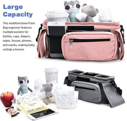 Baby Stroller Organizer, Universal Stroller Organizer with Detachable Phone Bag, Stroller Caddy with 2 Insulated Cup Holders, Buggy Organizer Bag with 2 Hooks Fits Most Strollers (Balck)