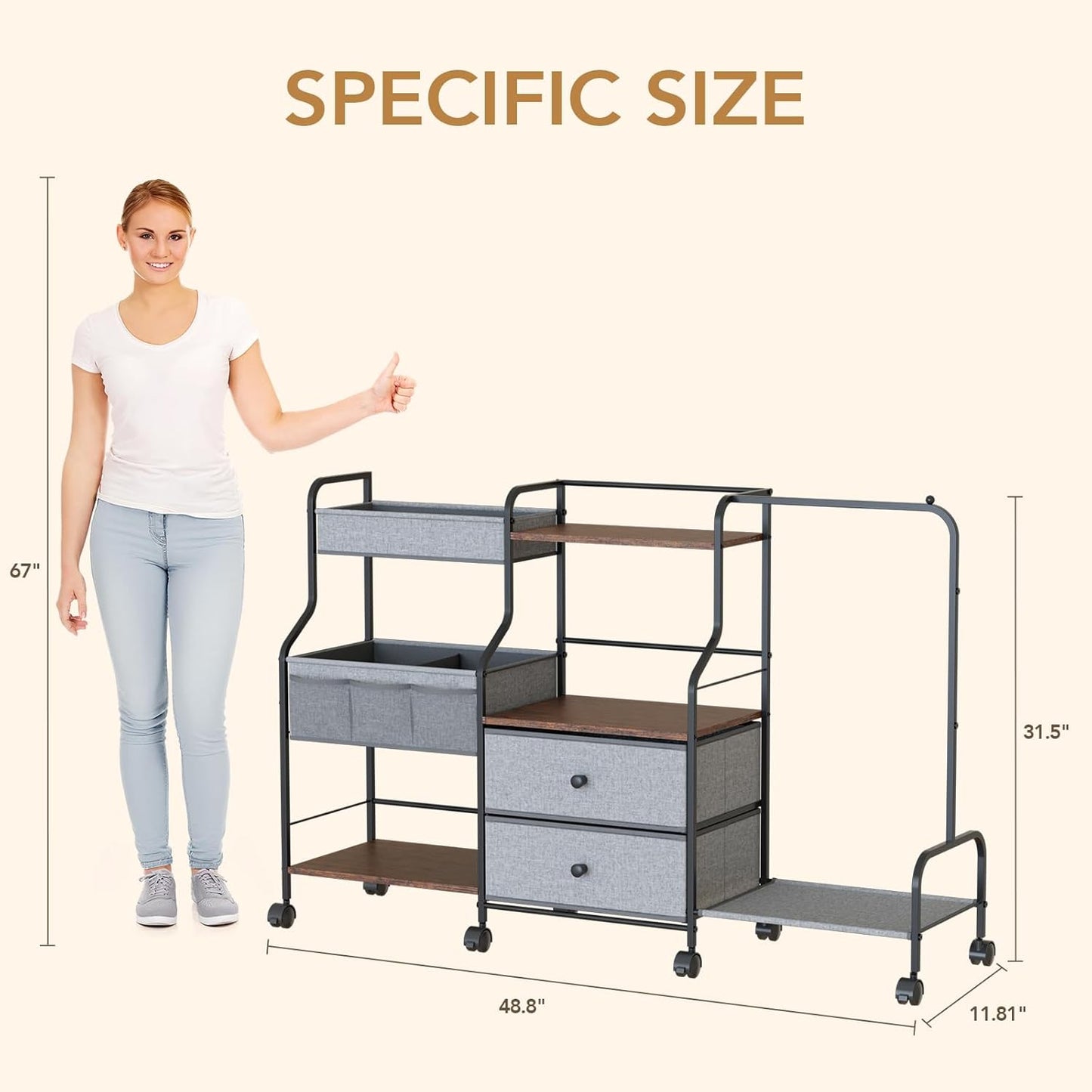 BBLIKE Diaper Caddy Organizer with Hanging Rack - 3 Tier Rolling Utility Cart with Drawers and Dividers for Baby Bottle Storage - Bedside Cart for Changing Station, Crib, Nursery, Bedroom, Beige