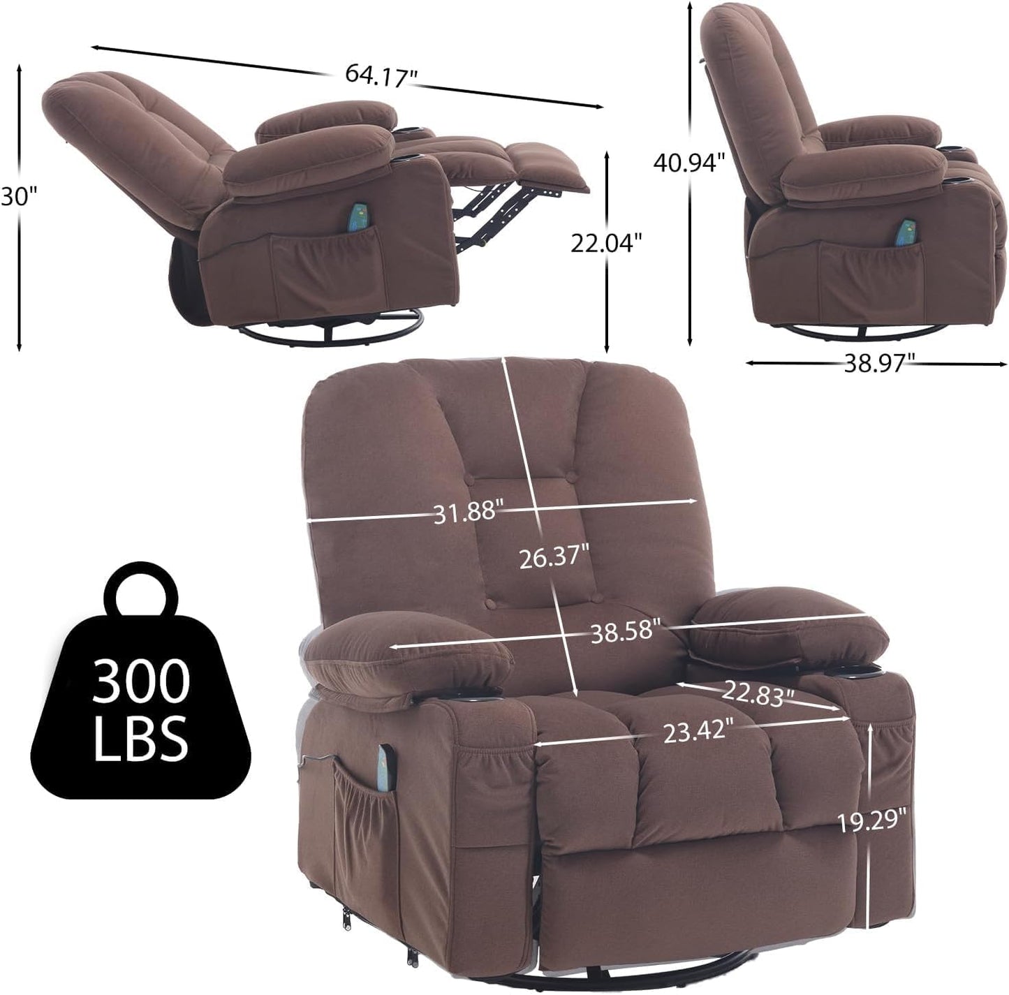 Rocker Recliner Chair with Massage and Heat, Oversized Rocking Nursery Recliners Overstuffed Swivel Glider with Cup Holder, Fabric Manual Single Sofa for Living Room, Beige