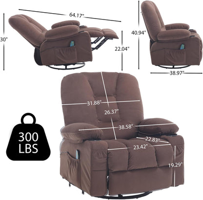 Rocker Recliner Chair with Massage and Heat, Oversized Rocking Nursery Recliners Overstuffed Swivel Glider with Cup Holder, Fabric Manual Single Sofa for Living Room, Beige