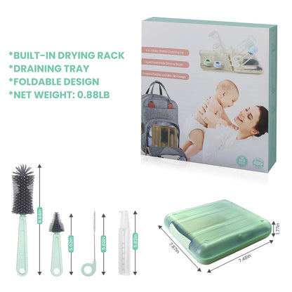 Rrwin Bottle Brush Cleaner Kit with Baby Bottle Drying Rack, Exendable Silicone Bottle Brush, Nipple Brush, Straw Brush, Soap Dispenser & Storage Box. Compact Size for Babies and Moms,Green