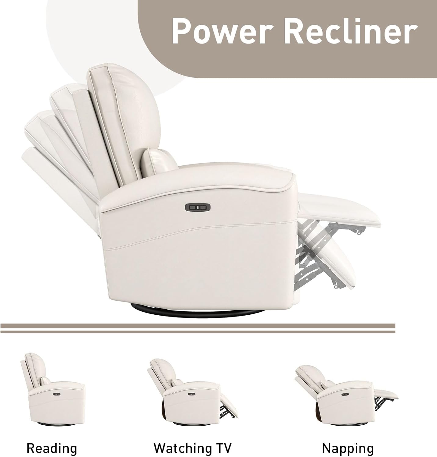 Bonzy Home Power Swivel Rocker Recliner Chair with USB Port, 23.2" Wide Seat, Fixed Lumbar Support, Upholstered Glider Chair for Nursery Living Room, Brown