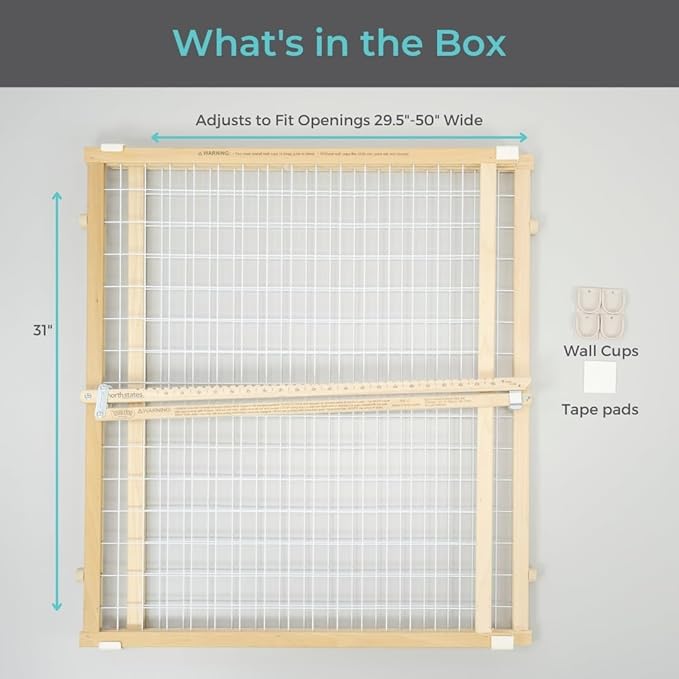 Toddleroo by North States - Extra-Wide Wire Mesh Wooden Baby Gate: Pressure Mounted Baby Gate for Doorways - Adjustable 29.5 to 50 Inches Wide - 31 Inches Tall