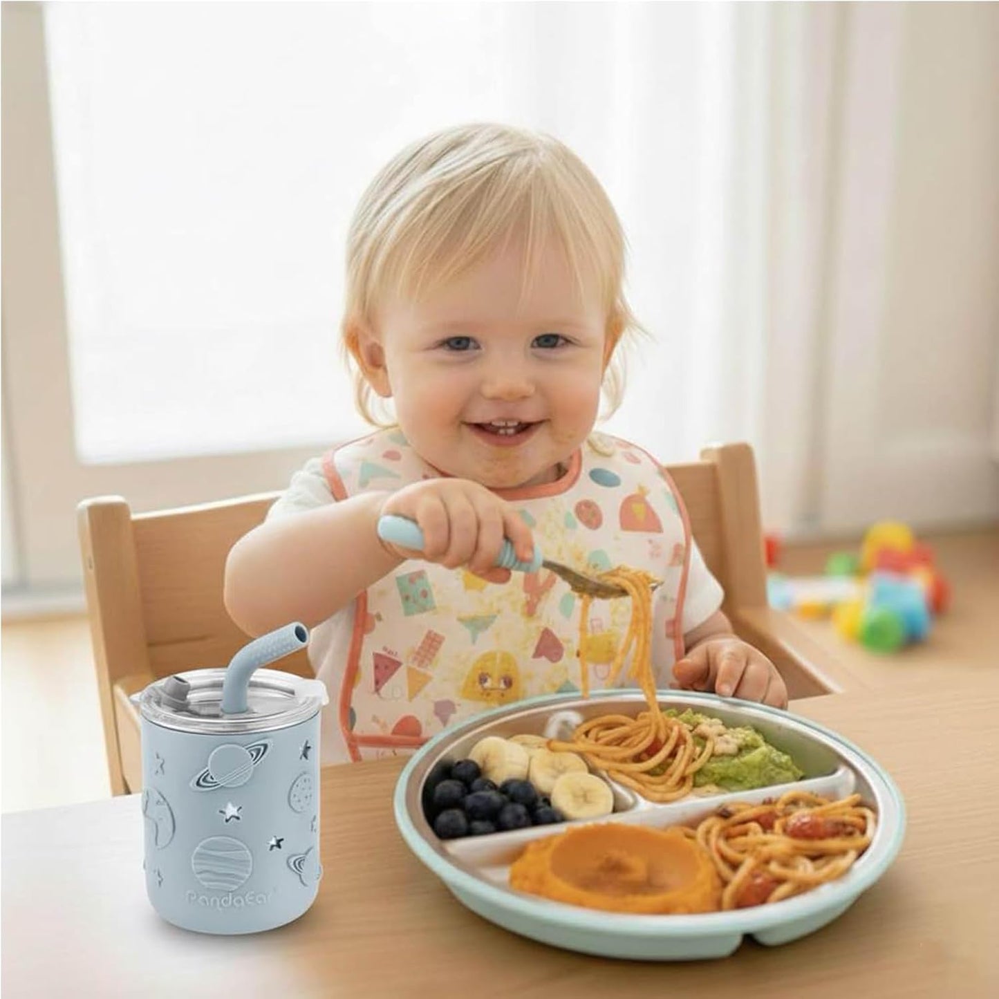 PandaEar Stainless Steel Baby Feeding Set | 2 Divided Suction Plates, 2 Spill-Proof Straw Cups with Silicone Sleeves, 2 Forks & 2 Spoons | Toddler Utensils for Baby Led Weaning, BPA-Free (Pink)