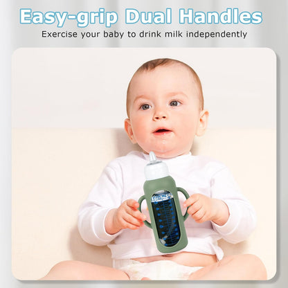 Sippy Straw Cup Conversion Kit with Silicone Sleeves for Dr. Brown's Narrow Glass Baby Bottle 4oz,Anti Breakage Baby Bottles Replacement Kit with Handle and Soft Sippy Spout,6m+,Set of 3