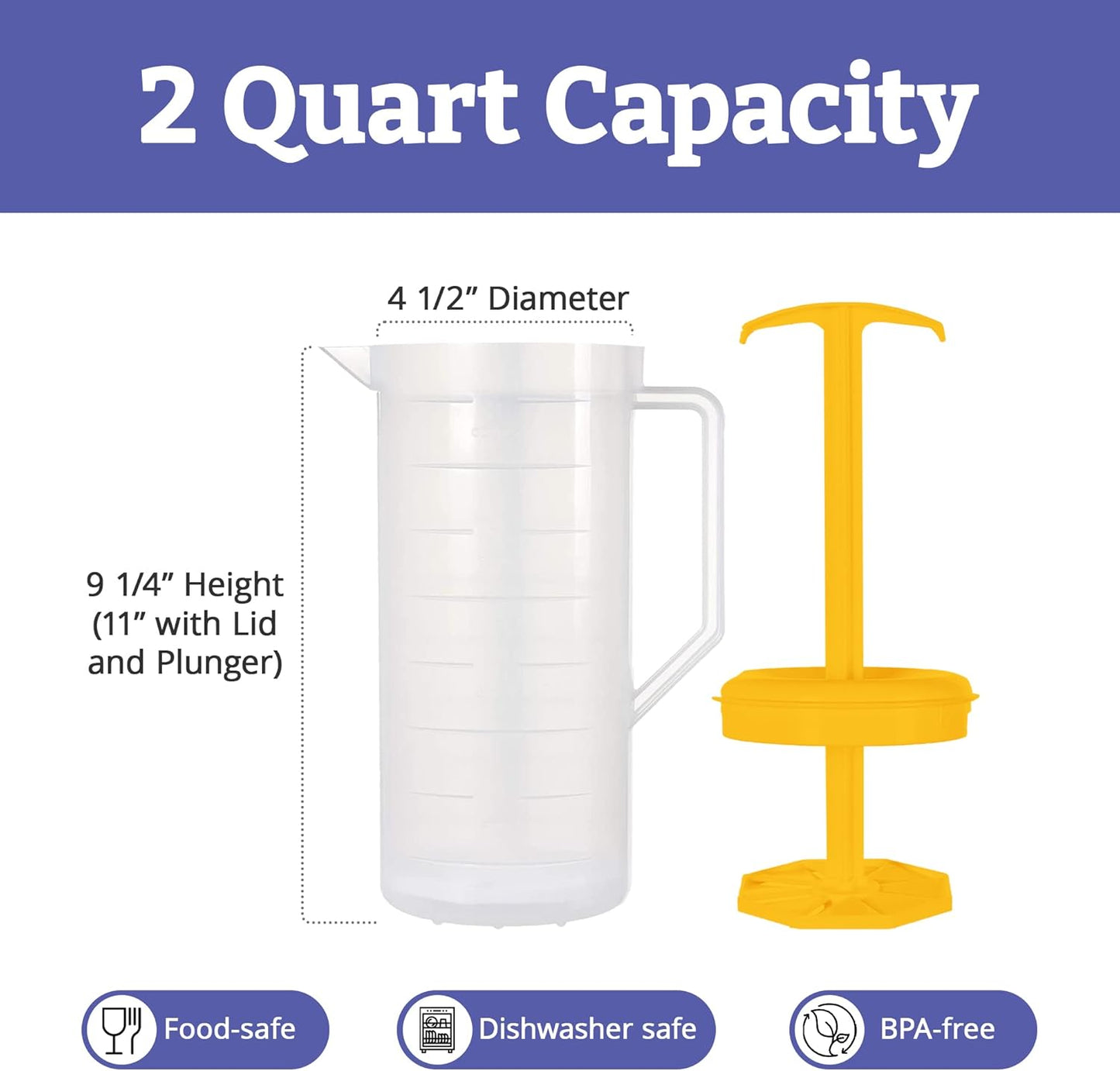 JBK Pottery 2-Quart White Mixing Pitcher with Plunger – BPA-Free Plastic Mixing Jug for Juice, Milk, Tea, Shakes, and More – Dishwasher-Safe, Spill-Proof Lid, Smart Stirring Design