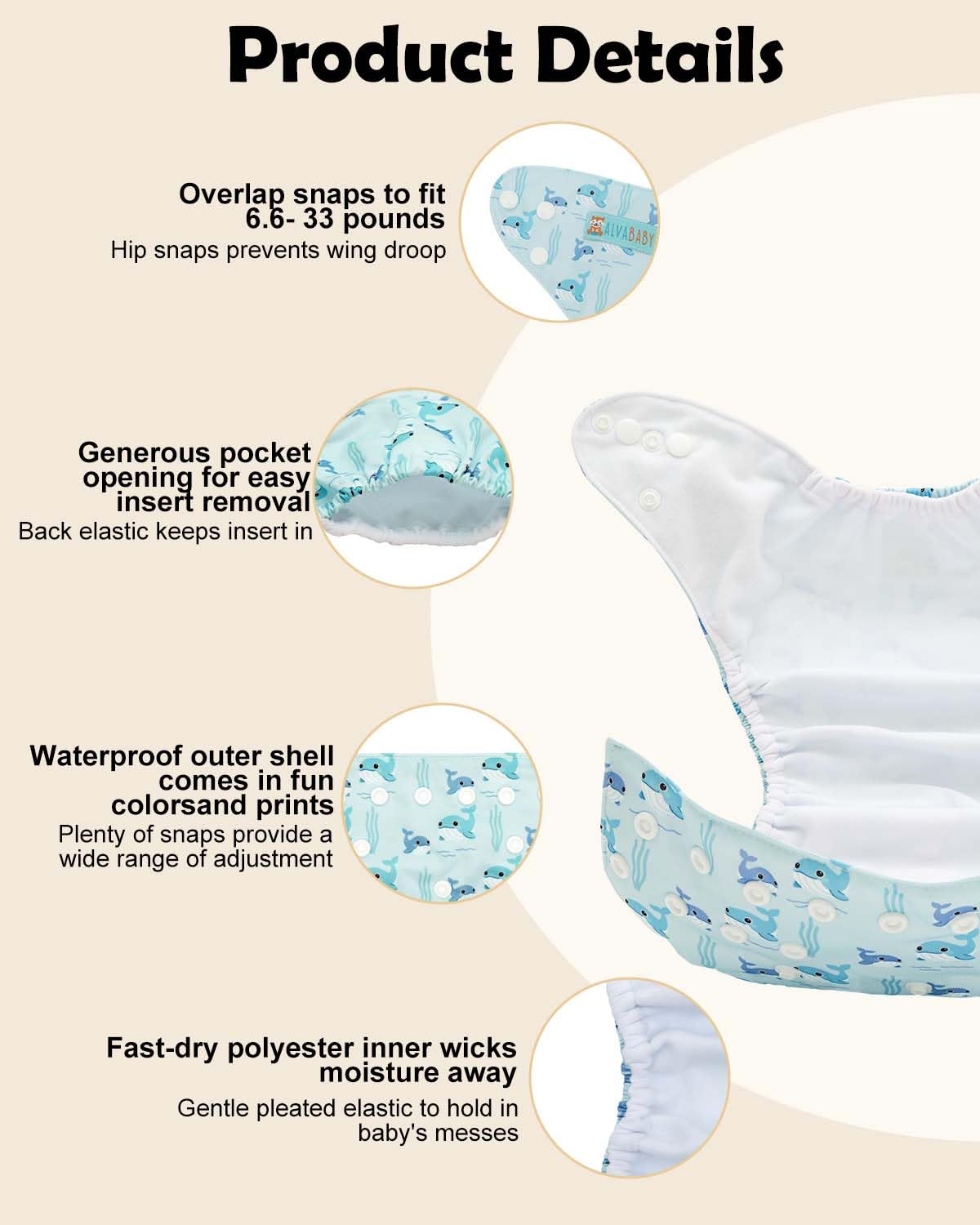 ALVABABY Baby Cloth Diapers 6 Pack with 12 Inserts Cloth Diaper Covers Adjustable Washable Reusable for Baby Girls and Boys