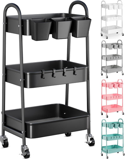 3 Tier Heavy Duty White Metal Rolling Cart with Lockable Wheels, Three Tier Roller Book Snack Cart, Utility Storage Organizer Carts for Kitchen, Bathroom, Garage, Baby Diaper, Craft, Art, Teacher