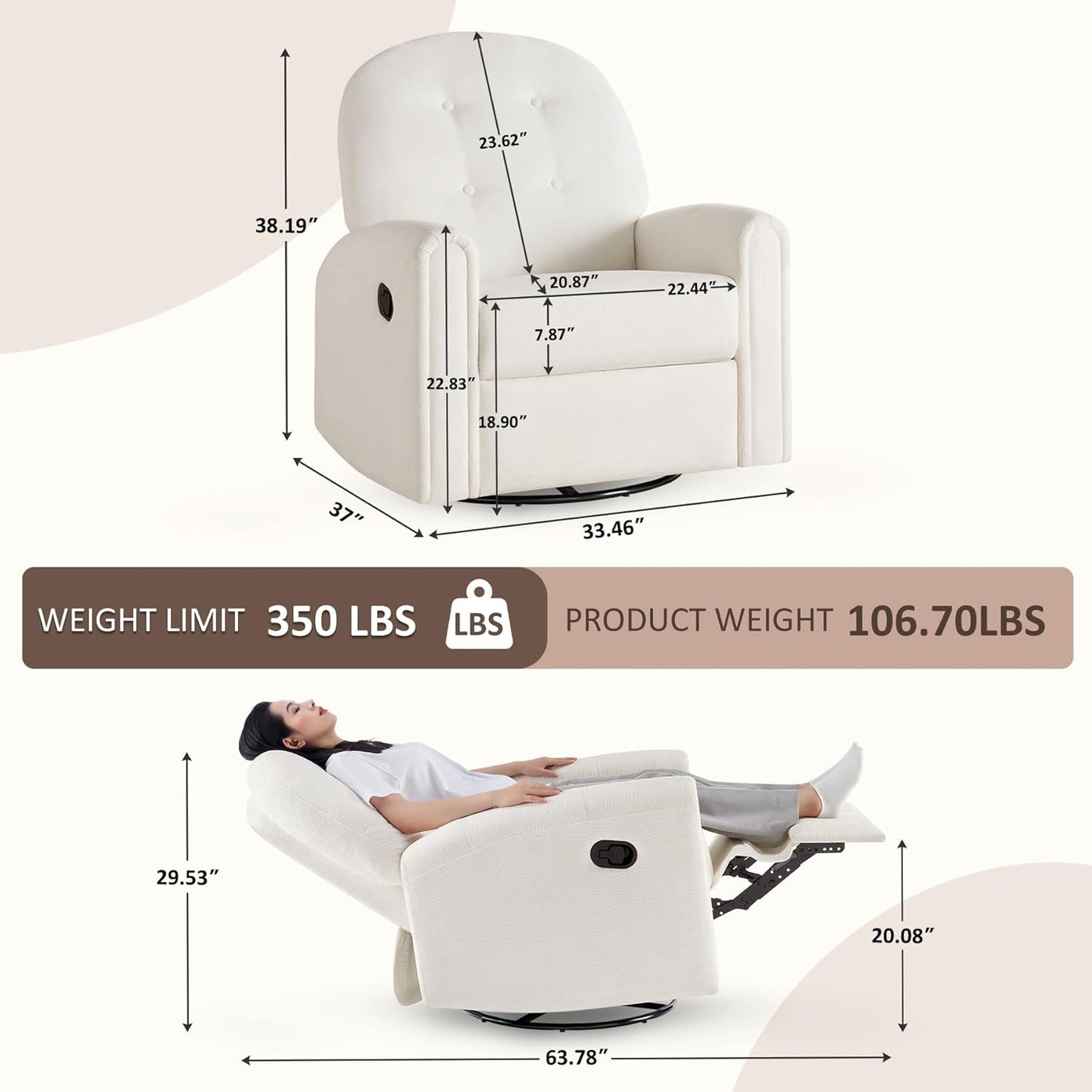 VANOMi 360 Swivel Rocker Recliner Chair, Nursery Rocking Chair with Tufted Backrest, Manual Recliner Chairs for Small Spaces, Upholstered Glider Nursing Chair for Living Room, Bedroom (White)