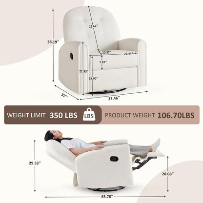 VANOMi 360 Swivel Rocker Recliner Chair, Nursery Rocking Chair with Tufted Backrest, Manual Recliner Chairs for Small Spaces, Upholstered Glider Nursing Chair for Living Room, Bedroom (White)