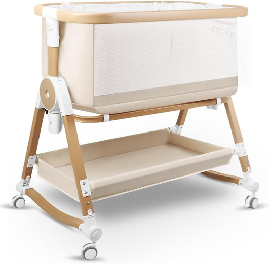 suihuooo 4 in 1 Baby Bassinet, Bassinets Bedside Sleeper with Wheels and Storage Basket, Adjustable 7 Heights Bedside Sleeper with Mosquito Net, Breathable Mesh Rocking Bassinet for Baby