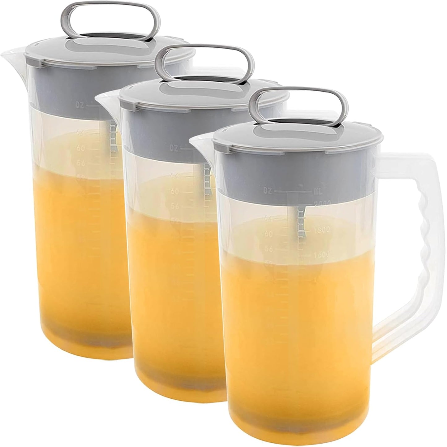 1 Pack Mixing Pitcher for Drinks 2 Quart/ 64oz Plastic Water Pitcher with Lid，Easy-Mix Juice Container，Angled Plastic Blades and Adjustable Mixer Plunger for Juice, Tea, Beverage Container