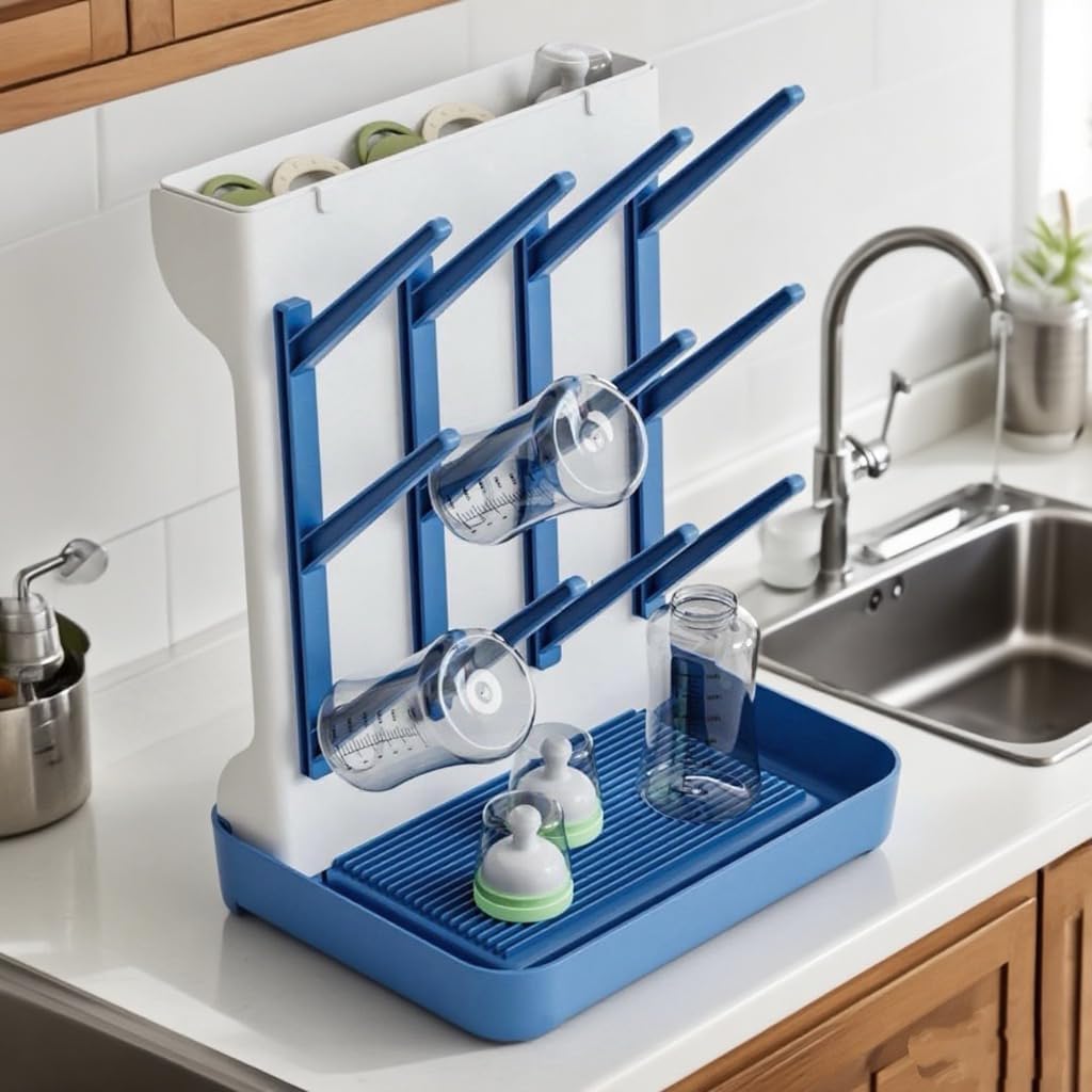 Baby Bottle Drying Rack, Countertop Bottle Dryer, Cup Drying Rack, for 12Pc Bottles and Accessories,Pump Parts,Pacifiers,for Small Water Cup,Vitality Blue, Free Small Brush for Cleaning
