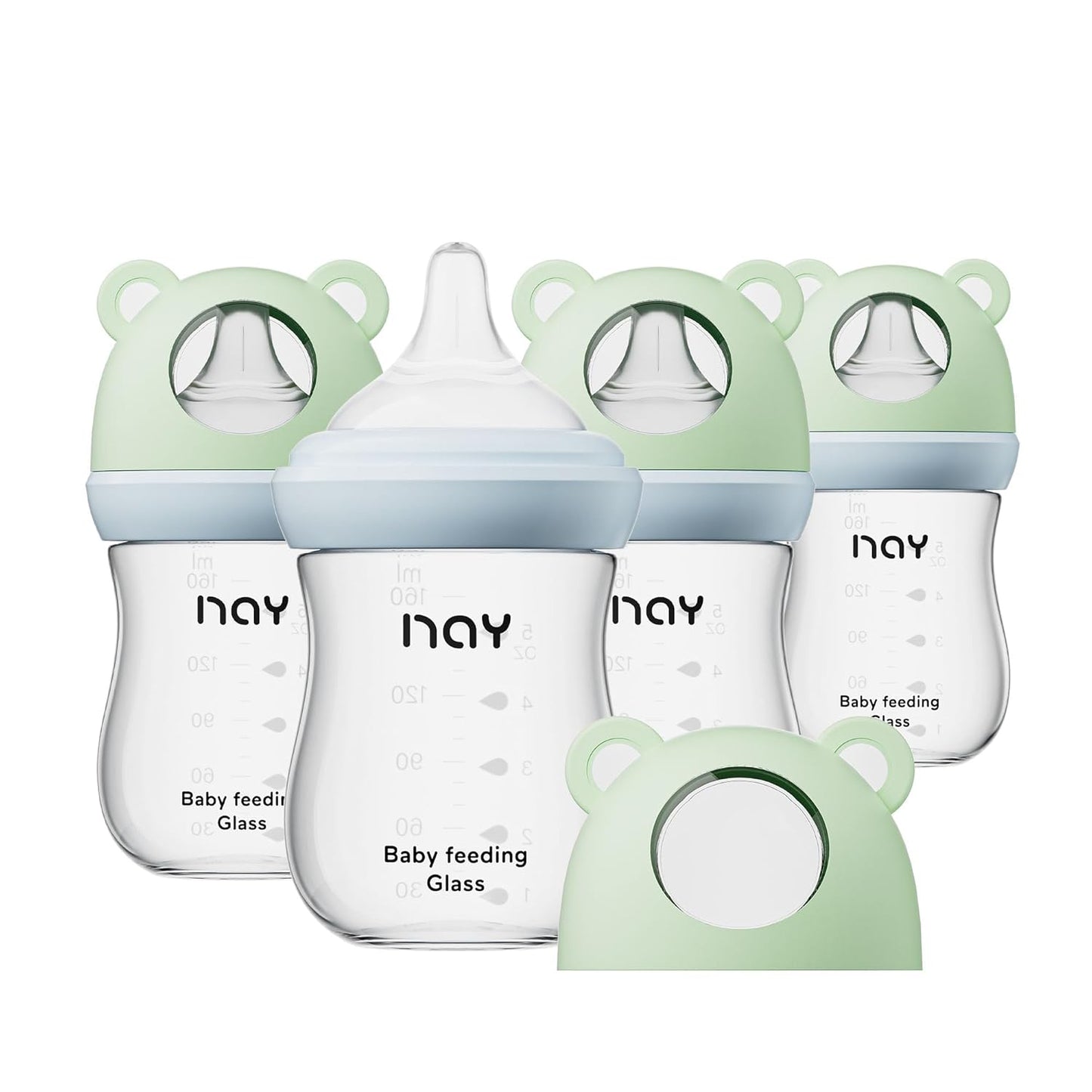 yanyoyo Natural Glass Baby Bottle for Breastfeeding Babies, 5.4oz Anti-Colic Baby Bottle with Natural Response Nipple(S), Clear, Wide Neck, 2 Pack, 1 Months+
