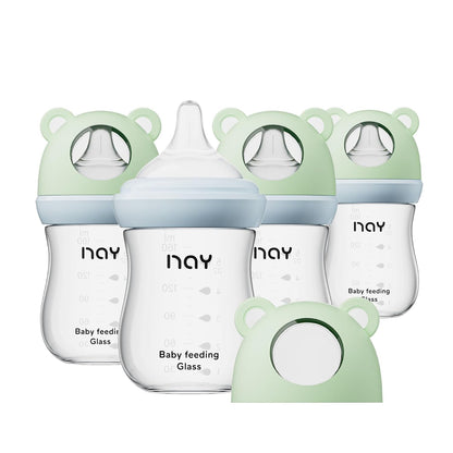 yanyoyo Natural Glass Baby Bottle for Breastfeeding Babies, 5.4oz Anti-Colic Baby Bottle with Natural Response Nipple(S), Clear, Wide Neck, 2 Pack, 1 Months+