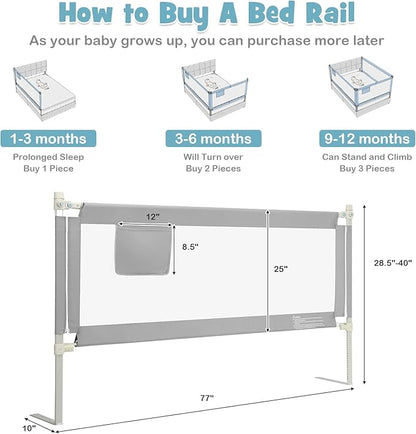 BABY JOY Bed Rail for Toddlers, 77'' Extra Long, Height Adjustable & Foldable Baby Bed Rail Guard w/Storage Pocket & Double Safety Child Lock for Kids Twin Double Full Size Queen King Mattress (Gray)