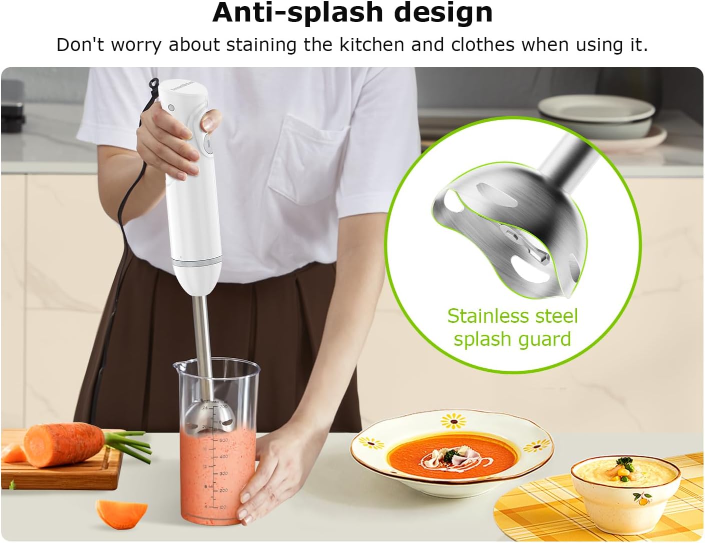 Bonsenkitchen Hand Blender, Immersion Blender with 2 Mixing Speed, Electric Handheld Mixer Portable Stick Mixer with Stainless Steel Blades for Soup, Smoothie, Puree, Baby Food