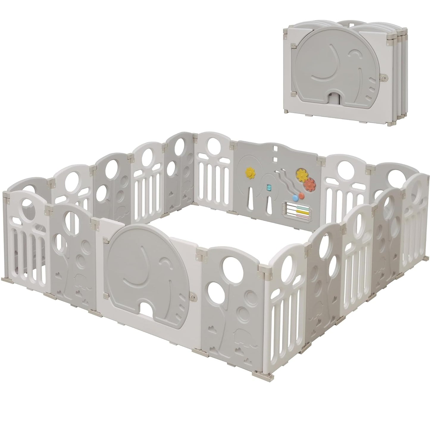 Baby Playpen, 14-Panel Foldable Play Pen for Babies and Toddlers, Indoor Outdoor Baby Fence with Sensory Play Panel, Adjustable Shape Activity Play Center, Portable & Easy Assemble