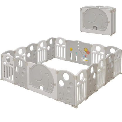 Baby Playpen, 14-Panel Foldable Play Pen for Babies and Toddlers, Indoor Outdoor Baby Fence with Sensory Play Panel, Adjustable Shape Activity Play Center, Portable & Easy Assemble