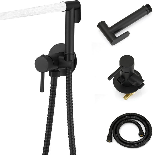 Homevacious Handheld Bidet Sprayer Faucet for Toilet with Hot and Cold Rough-in Valve Adjustable Water Pressure Round Brass Bidet Attachment Set for Feminine Pets and Baby Diaper Washing Matte Black