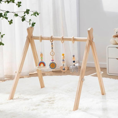 Wooden Baby Play Gym with Hanging Bar, 4 Gym Toys and Natural Pine Wood, Perfect for Infant Development