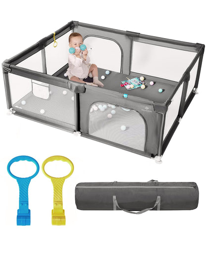 Baby Playpen with Mat, 71" x 59" Extra Large Play Yard for Babies and Toddlers, Baby Fence with Soft Thick Play Mat, Indoor Safety Activity Center for Infants, Easy to Assemble and Clean（Gray）