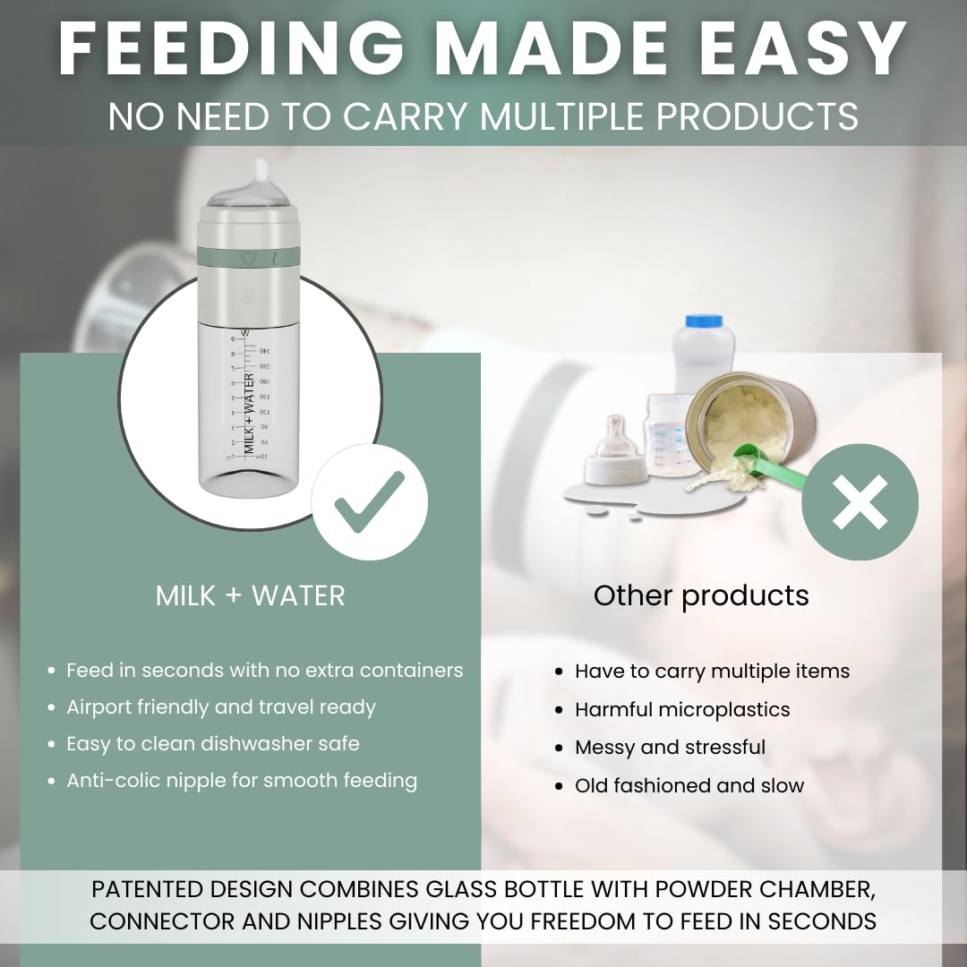 MILK & WATER Glass All in One Baby Bottle & Baby Formula Dispenser On The Go (Olive Green, 9oz Medium Flow 3m+)