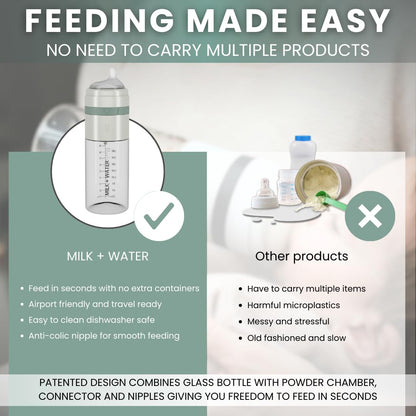 MILK & WATER Glass All in One Baby Bottle & Baby Formula Dispenser On The Go (Olive Green, 9oz Medium Flow 3m+)