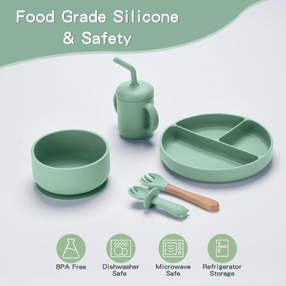 Silicone Feeding Set, 13PCS Baby Feeding Essentials with Suction Bowl & Plate, Spoons & Forks, Bib & Cup, Toothbrush, Baby Led Weaning Supplies for 6+ Months, Eating Essentials (Blue)
