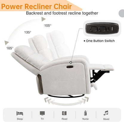 Power Swivel Rocker Recliner Chair for Nursery, Swivel Reclining Rocking Chairs, Electric Glider for Living Room, Upholstered Recliner Chairs for Bedroom, Corduroy White