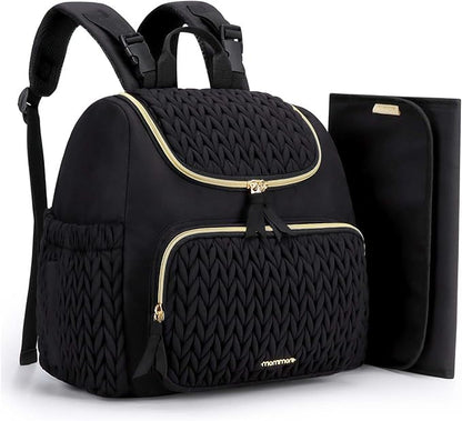 mommore Diaper Bag Backpack, Stylish Travel Baby Bag with Insulated Pockets, Changing Pad and Stroller Straps for Toddler (S-Black, Small-17L)