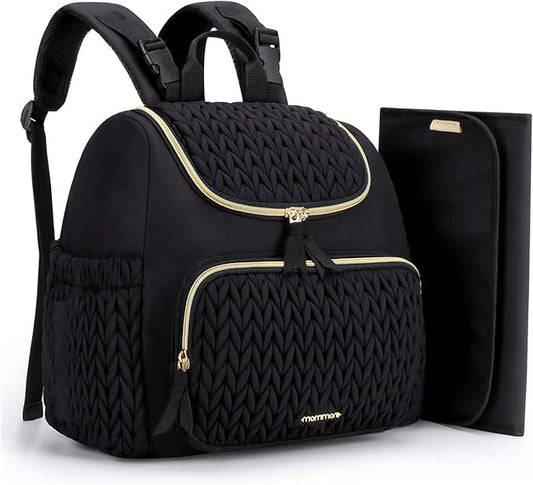 mommore Diaper Bag Backpack, Stylish Travel Baby Bag with Insulated Pockets, Changing Pad and Stroller Straps for Toddler (S-Black, Small-17L)