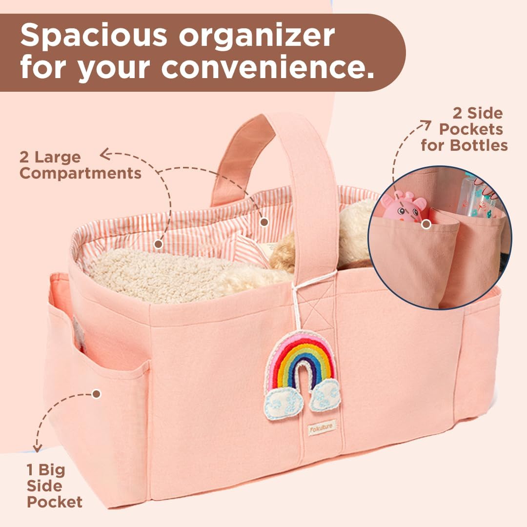 Folkulture Baby Diaper Caddy | Cotton Diaper Bag for Kids - Stylish Comfort Spacious Travel Essential Cart | Nursery Storage Bin and Car Organizer for Diapers, Wipes (Sky Blue - 15")
