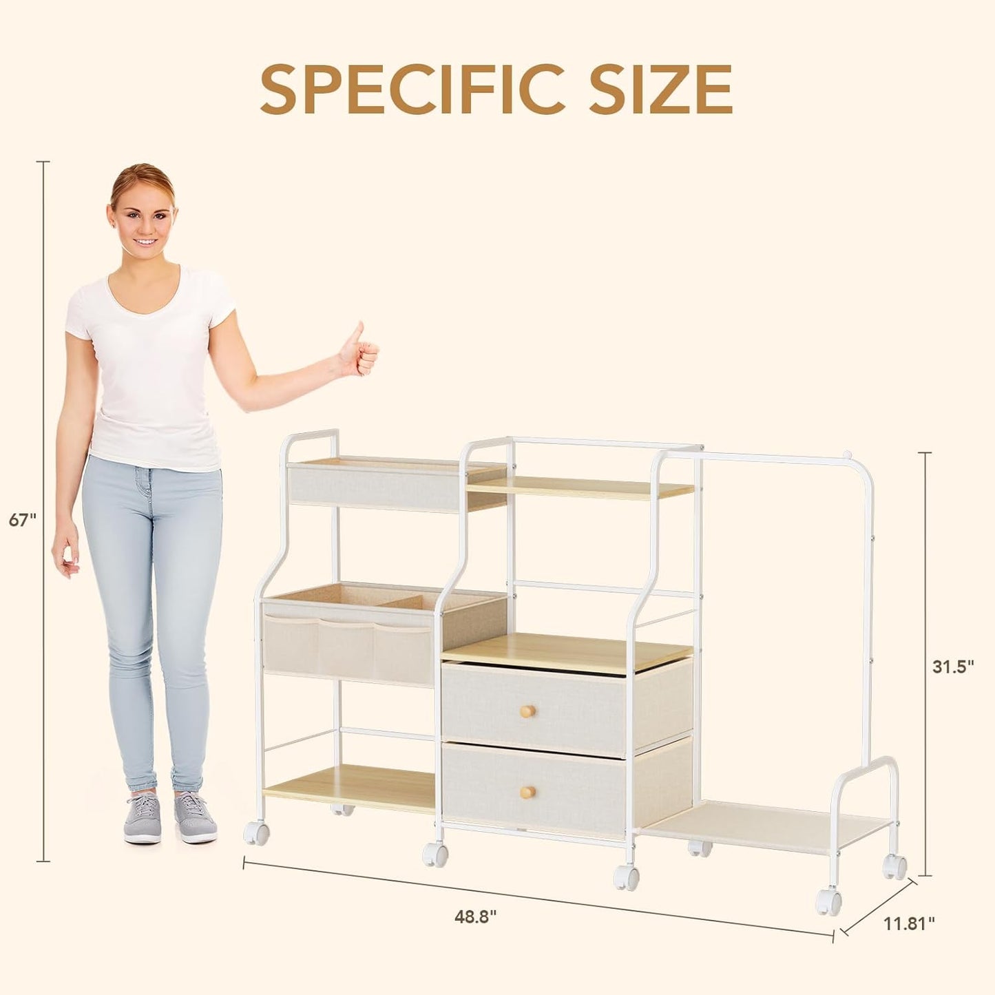 BBLIKE Diaper Caddy Organizer with Hanging Rack - 3 Tier Rolling Utility Cart with Drawers and Dividers for Baby Bottle Storage - Bedside Cart for Changing Station, Crib, Nursery, Bedroom, Beige