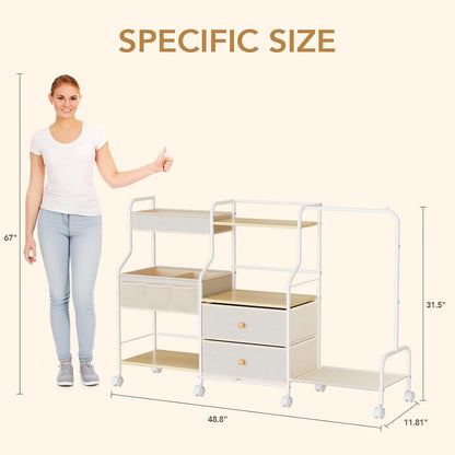 BBLIKE Diaper Caddy Organizer with Hanging Rack - 3 Tier Rolling Utility Cart with Drawers and Dividers for Baby Bottle Storage - Bedside Cart for Changing Station, Crib, Nursery, Bedroom, Beige