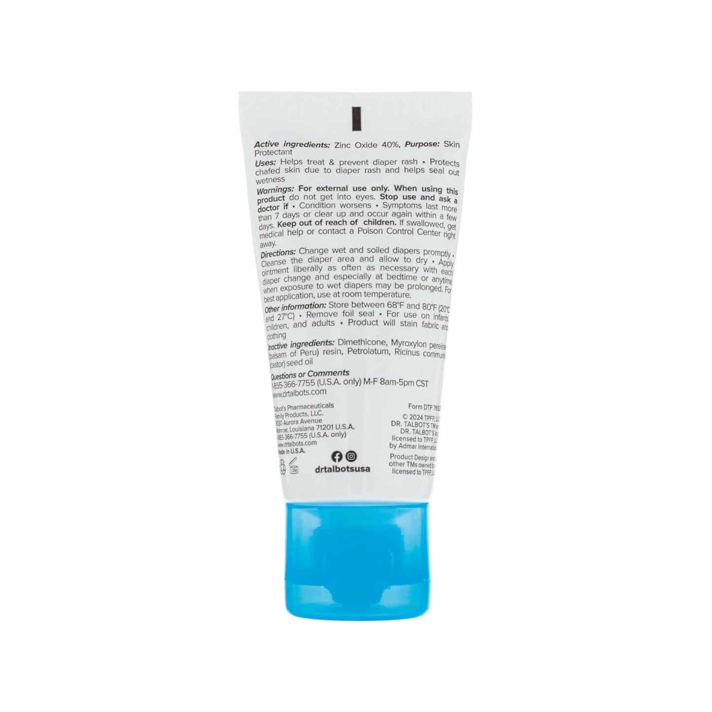Dr. Talbot's Baby Diaper Rash Ointment - 2 oz - Zinc Oxide Skin Protectant with Peruvian Balsam - Treats and Prevents Rash
